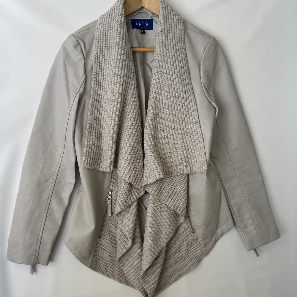 Apt.9 Cream Faux Leather Waterfall Knit Collar Jacket Size M
